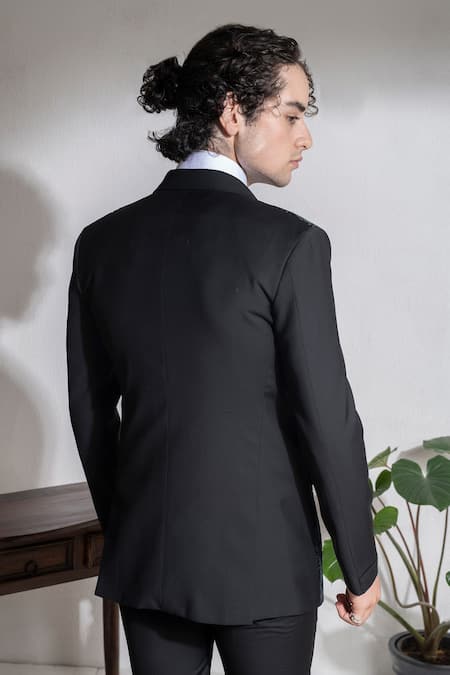 Shop Abkasa Black Terrycloth, Rayon Chimney Textured Panel Coat And Trouser Set at Aza Fashions Shop_Abkasa_Black Terrycloth, Rayon Chimney Textured Panel Coat And Trouser Set _at_Aza_Fashions