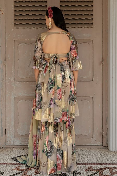 Shop_Amrin Khan_Green Georgette Floral V Neck Kurta Gharara Set  _at_Aza_Fashions