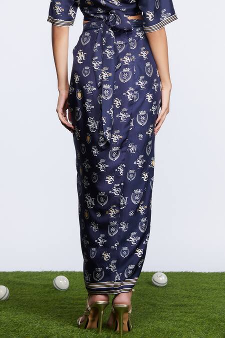 Shop_S&N By Shantnu Nikhil_Blue Silk Printed Draped Skirt _at_Aza_Fashions