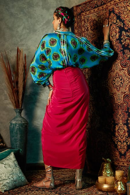 Shop_Esha L Amin_Pink Viscose Draped Sarong Skirt _at_Aza_Fashions