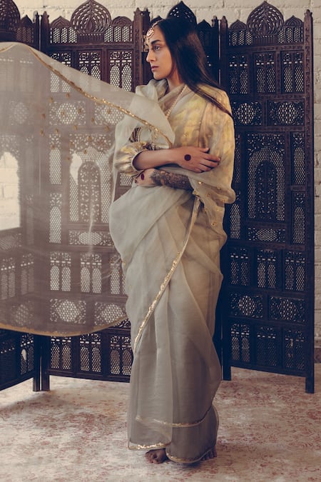 Sarang Kaur Organza Silk Hand Embroidered Crystal Butti Saree  