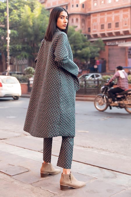 Shop Gulabo Jaipur Emerald Green Cotton Floral Pattern Top Kafia Block Print Coat And Pant Set at Aza Fashions Shop_Gulabo Jaipur_Emerald Green Cotton Floral Pattern Top Kafia Block Print Coat And Pant Set _at_Aza_Fashions