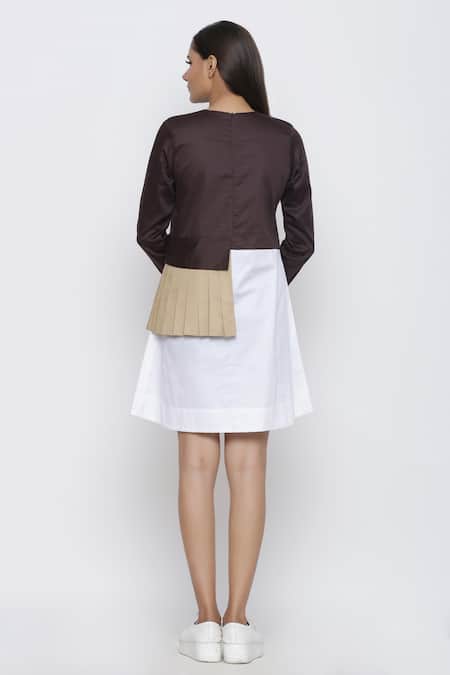 Shop Escape By Aishwarya Brown Cotton Satin Round Neck Colorblock Pleated Patch Dress at Aza Fashions Shop_Escape By Aishwarya_Brown Cotton Satin Round Neck Colorblock Pleated Patch Dress _at_Aza_Fashions