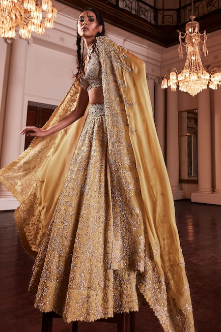 Shop Mrunalini Rao Yellow Satin, Organza, Silk Zari, Taara And Zardozi Work Bridal Lehenga Set at Aza Fashions Shop_Mrunalini Rao_Yellow Satin, Organza, Silk Zari, Taara And Zardozi Work Bridal Lehenga Set _at_Aza_Fashions
