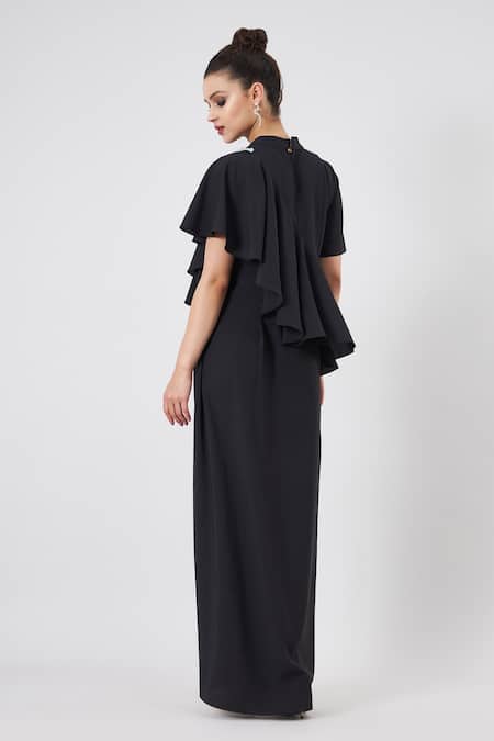 Shop Aakaar Black Modal Sequins Collared Noir Cascade Drape Gown at Aza Fashions Shop_Aakaar_Black Modal Sequins Collared Noir Cascade Drape Gown _at_Aza_Fashions
