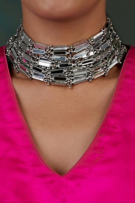 Shop House Of Tuhina Silver Plated Link Mirror Studded Choker at Aza Fashions Shop_House Of Tuhina_Silver Plated Link Mirror Studded Choker _at_Aza_Fashions
