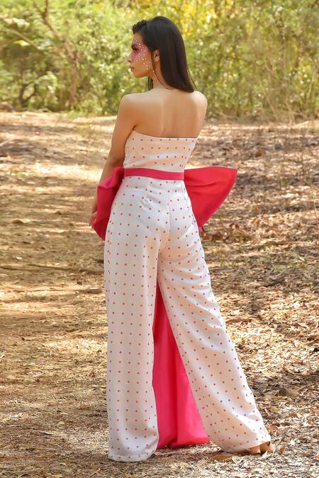 Shop_Disha Kahai_Pink Silk Sweetheart Neck Polka Dots Print Jumpsuit_at_Aza_Fashions