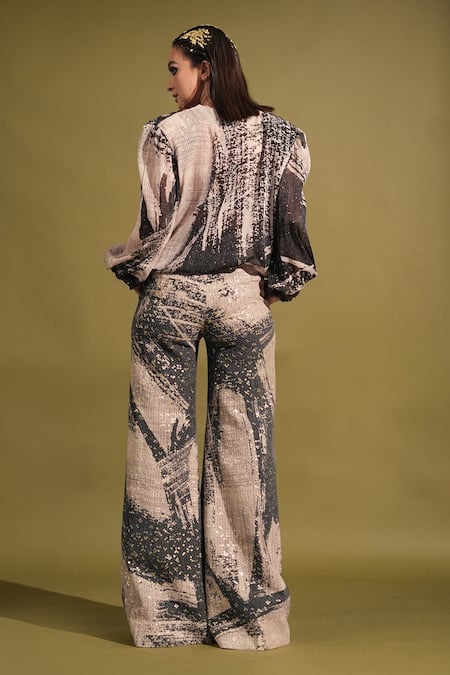 Shop_Nikita Mhaisalkar_Black Georgette Sequins Plunge Neck Brush Stripe Print Puff Sleeve Top _at_Aza_Fashions