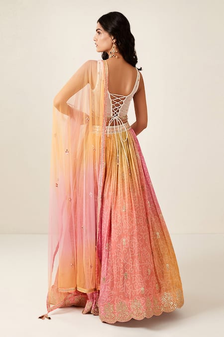 Shop Basanti - Kapde Aur Koffee Pink Chiffon, Net Embroidery, Cut Work, Ombre Effect Bandhani Print Lehenga Set at Aza Fashions Shop_Basanti - Kapde Aur Koffee_Pink Chiffon, Net Embroidery, Cut Work, Ombre Effect Bandhani Print Lehenga Set _at_Aza_Fashions