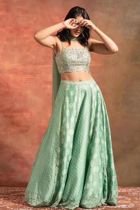 Pleats By Kaksha And Dimple_Green Chanderi Square Neck Printed Lehenga Set_Online_at_Aza_Fashions