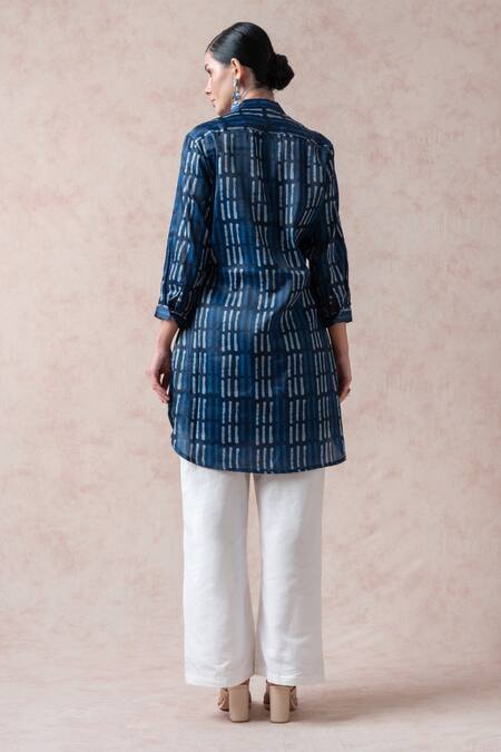 Shop Thetaa Blue Polyester Printed Stripes Band Collar Kurta Set With Contrast Pant at Aza Fashions Shop_Thetaa_Blue Polyester Printed Stripes Band Collar Kurta Set With Contrast Pant_at_Aza_Fashions