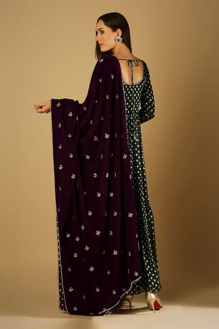 Shop Monk & Mei By Sonia Anand Green Velvet, Brocade Chains, Embroidery Woven Floral Anarkali Set With Dupatta at Aza Fashions Shop_Monk & Mei By Sonia Anand_Green Velvet, Brocade Chains, Embroidery Woven Floral Anarkali Set With Dupatta _at_Aza_Fashions