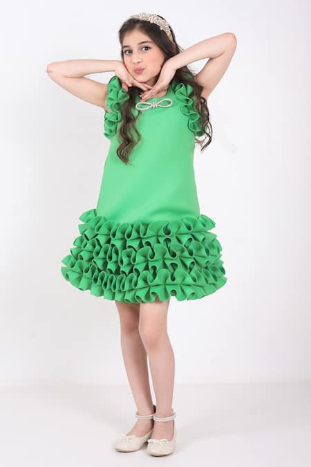 Shop Hoity Moppet Green Neoprene, Satin Making Waves Ruffle Hem Dress at Aza Fashions Shop_Hoity Moppet_Green Neoprene, Satin Making Waves Ruffle Hem Dress _at_Aza_Fashions