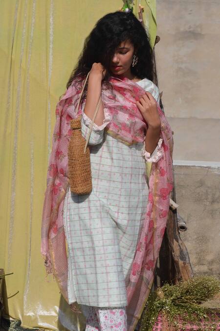 Shop Studio Malang Multi Color Chanderi Silk Block Printed Checkered And Floral Boat Kurta Set at Aza Fashions Shop_Studio Malang_Multi Color Chanderi Silk Block Printed Checkered And Floral Boat Kurta Set_at_Aza_Fashions