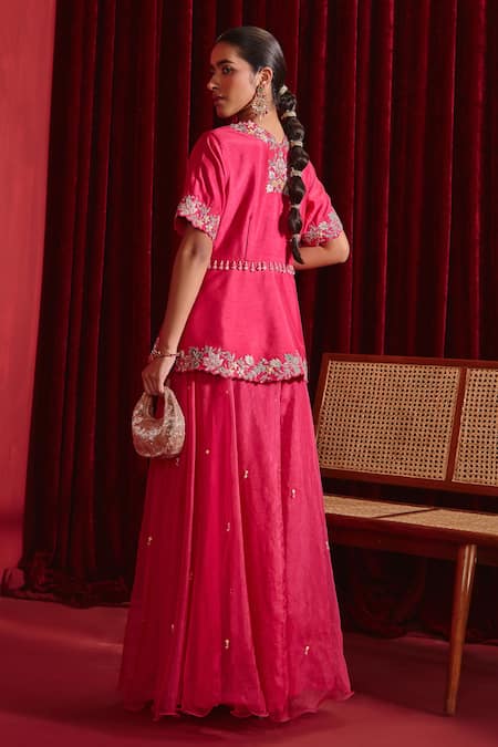 Shop Ajiesh Oberoi Pink Silk, Organza Beads Scoop Neck Urvi Floral Embroidered Jacket And Sharara Set at Aza Fashions Shop_Ajiesh Oberoi_Pink Silk, Organza Beads Scoop Neck Urvi Floral Embroidered Jacket And Sharara Set _at_Aza_Fashions