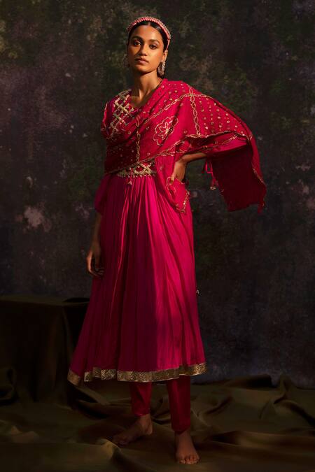 Shop_5elements_Pink Silk Embroidery Pearls Round Neck Bodice Anarkali Set _at_Aza_Fashions