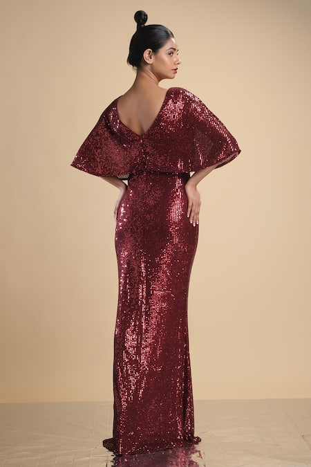 Kommal Sood Cape Sleeve Sequin Embroidered Gown 