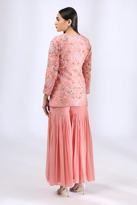 Shop_Neha Gursahani_Peach Jacket Organza Embroidery Zardozi V Neck Floral And Gharara Set _at_Aza_Fashions