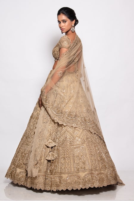 Shop Pallavi Poddar Gold Tulle Beads, Sequins V-neck Beta Embroidered Bridal Lehenga Set at Aza Fashions Shop_Pallavi Poddar_Gold Tulle Beads, Sequins V-neck Beta Embroidered Bridal Lehenga Set _at_Aza_Fashions