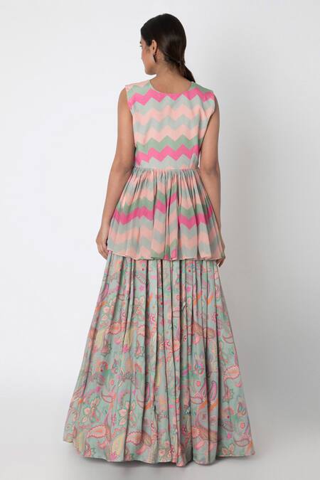 Shop Archana Shah Green Bemberg Satin, Blended Silk Printed Lehenga Set at Aza Fashions Shop_Archana Shah_Green Bemberg Satin, Blended Silk Printed Lehenga Set _at_Aza_Fashions