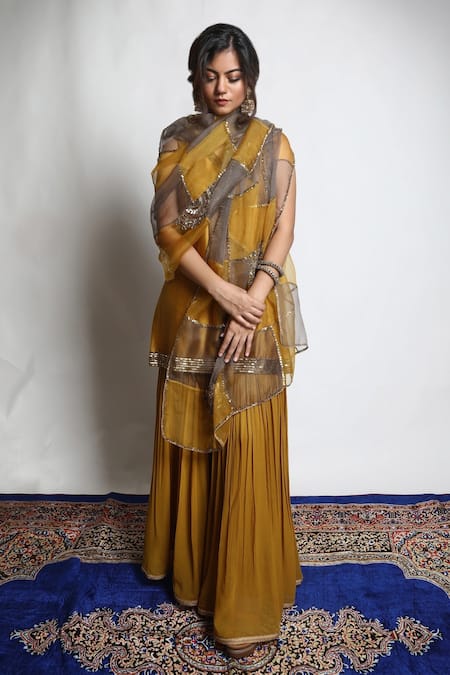 Shop Mona And Vishu Gold Dupatta Organza, Kurta Dupion Silk, Sharara Georgette Sequins, And Set at Aza Fashions Shop_Mona And Vishu_Gold Dupatta Organza, Kurta Dupion Silk, Sharara Georgette Sequins, And Set _at_Aza_Fashions