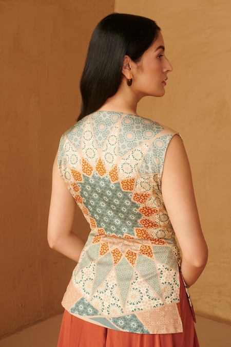 Shop Studio Radical Brown Silk Satin, Crepe Sequins, Marrakech Print Peplum Jacket Pant Set at Aza Fashions Shop_Studio Radical_Brown Silk Satin, Crepe Sequins, Marrakech Print Peplum Jacket Pant Set _at_Aza_Fashions