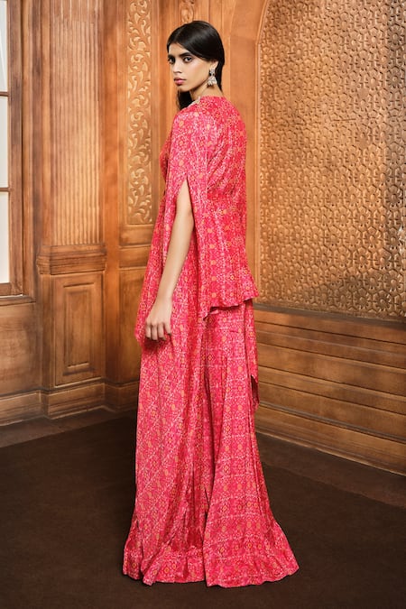 Shop Aneesh Agarwaal Red Chiffon Beads Round Neck Floral Print Kaftan And Kali Sharara at Aza Fashions Shop_Aneesh Agarwaal_Red Chiffon Beads Round Neck Floral Print Kaftan And Kali Sharara _at_Aza_Fashions