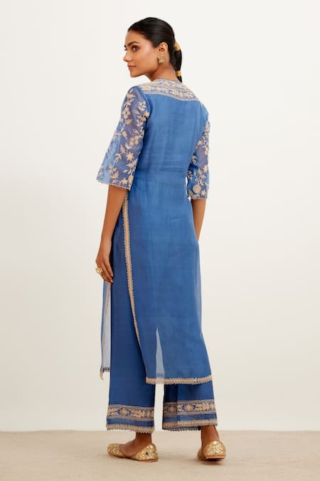 Shop Devnaagri Blue Chanderi And Silk Organza Dori Plunge Front Slit Kurta And Palazzo Set at Aza Fashions Shop_Devnaagri_Blue Chanderi And Silk Organza Dori Plunge Front Slit Kurta And Palazzo Set _at_Aza_Fashions