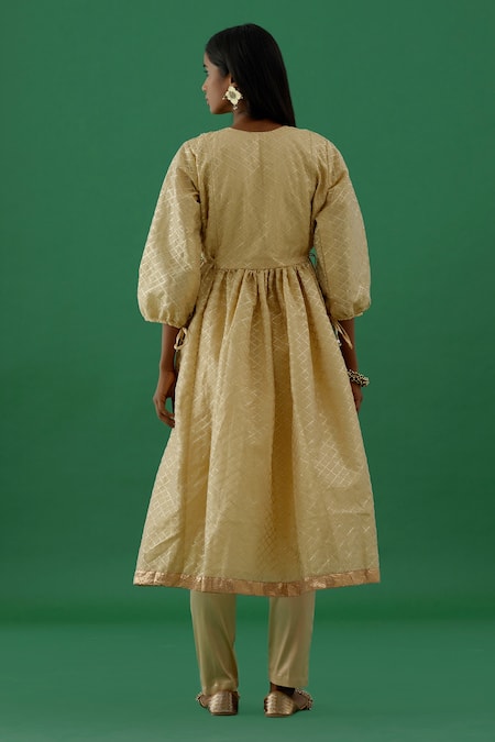 Shop 5elements Gold 100% Silk Embellishment Brooch Round Checkered Pattern Anarkali And Pant Set at Aza Fashions Shop_5elements_Gold 100% Silk Embellishment Brooch Round Checkered Pattern Anarkali And Pant Set _at_Aza_Fashions