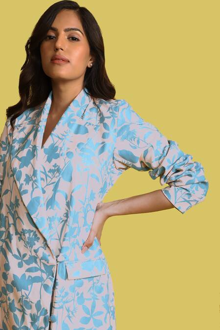 Aroop Shop India_Beige Velvet Asymmetric Noir Printed Blazer Dress _Online_at_Aza_Fashions