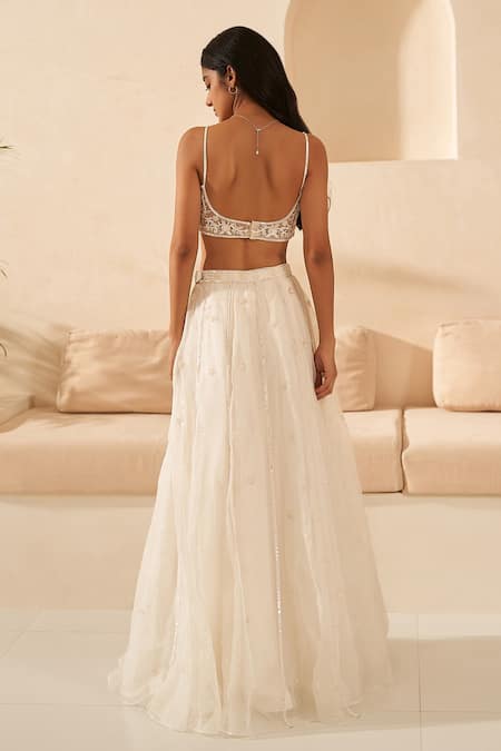 Shop_Zoon_Off White Net, Silk Organza Embroidery, Sequins, Cut Work Scoop Neck Lehenga Set _at_Aza_Fashions