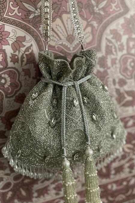 Shop Bhavna Kumar Silver Cutdana Work Potli Bag at Aza Fashions Shop_Bhavna Kumar_Silver Cutdana Work Potli Bag _at_Aza_Fashions