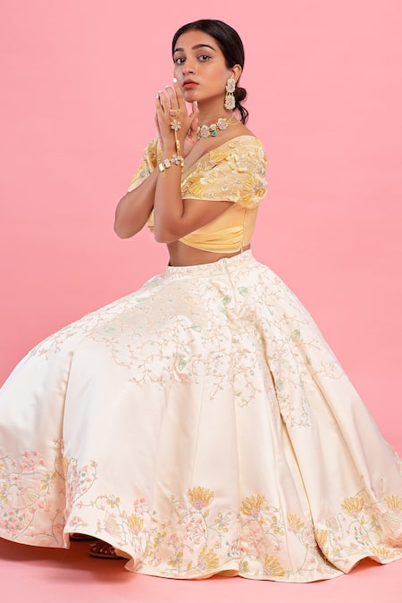Shop PIRI INDIA Peach Satin, Organza, Chanderi Beads, Hand Embroidered Crop Top And Lehenga Set at Aza Fashions Shop_PIRI INDIA_Peach Satin, Organza, Chanderi Beads, Hand Embroidered Crop Top And Lehenga Set _at_Aza_Fashions