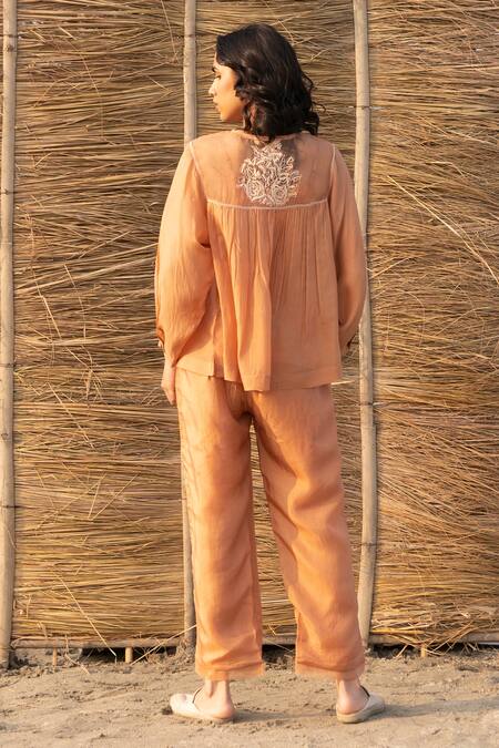 Shop_Ayaka_Brown Viscose, Silk Organza Embroidery Round Neck Floral Hand Yoke Top _at_Aza_Fashions