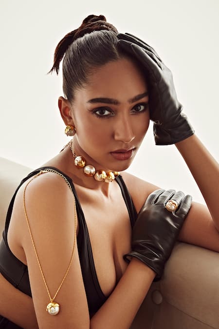 Shop Anaash Gold Plated Pearls Dune Encrusted Ear Studs at Aza Fashions Shop_Anaash_Gold Plated Pearls Dune Encrusted Ear Studs _at_Aza_Fashions