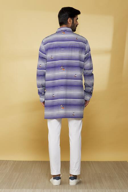 Shop MR. Ajay Kumar Blue Cotton Striped Print Shirt at Aza Fashions Shop_MR. Ajay Kumar_Blue Cotton Striped Print Shirt_at_Aza_Fashions