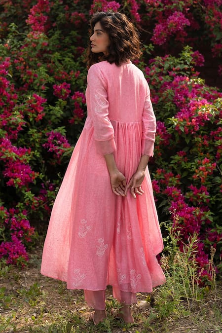 Shop_Zoon_Pink Cotton Embroidery V-neck Floral Handblock Print Anarkali And Pant Set _at_Aza_Fashions