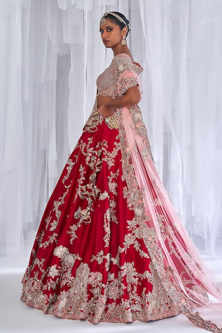 Shop Dolly J Maroon Silk Gota Patti, Embroidery V-neck Daisy Raw Bridal Lehenga Set at Aza Fashions Shop_Dolly J_Maroon Silk Gota Patti, Embroidery V-neck Daisy Raw Bridal Lehenga Set _at_Aza_Fashions