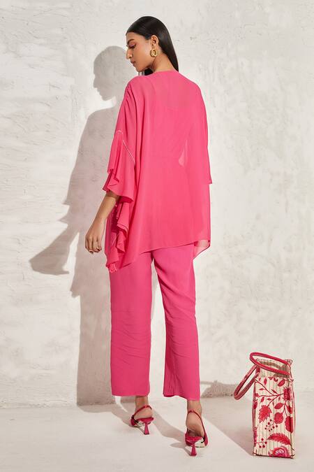 Shop Namrata Joshipura Fuchsia Georgette Hand Embellished Floral Patterns Round Laurel Frill Sleeve Top at Aza Fashions Shop_Namrata Joshipura_Fuchsia Georgette Hand Embellished Floral Patterns Round Laurel Frill Sleeve Top_at_Aza_Fashions