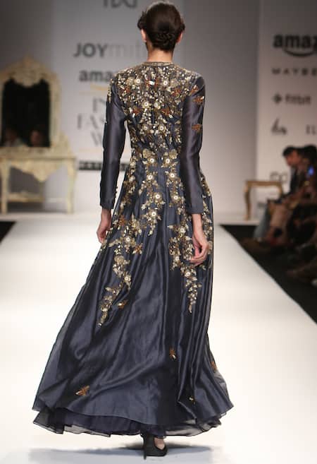 Shop Joy Mitra Grey Chanderi Mandarin Collar Embroidered Skirt Set at Aza Fashions Shop_Joy Mitra_Grey Chanderi Mandarin Collar Embroidered Skirt Set _at_Aza_Fashions