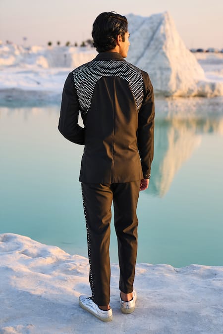 Shop_Dash and Dot_Black 66% Polyester 32% Viscose 2% Spandex Embroidery Harness Blazer Set  _at_Aza_Fashions