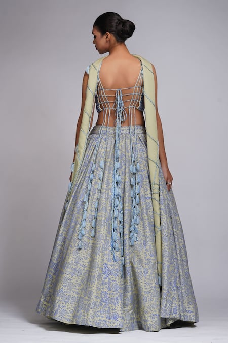 Shop Shruti S Blue Silk, Organza Cut Work, Sequins, Pearls Flower Hand Block Print Lehenga Set at Aza Fashions Shop_Shruti S_Blue Silk, Organza Cut Work, Sequins, Pearls Flower Hand Block Print Lehenga Set _at_Aza_Fashions