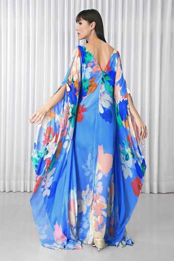 Shop Mandira Wirk Blue Chiffon Embroidery V-neck Hibiscus Print Kaftan at Aza Fashions Shop_Mandira Wirk_Blue Chiffon Embroidery V-neck Hibiscus Print Kaftan _at_Aza_Fashions