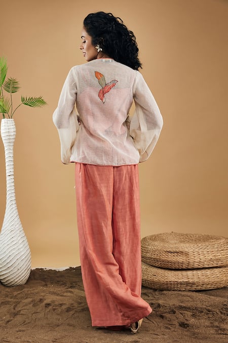 Shop Soup By Sougat Paul Peach Linen, Handloom Cotton Embroidery Conversational Patchwork Top And Pant Set at Aza Fashions Shop_Soup By Sougat Paul_Peach Linen, Handloom Cotton Embroidery Conversational Patchwork Top And Pant Set _at_Aza_Fashions