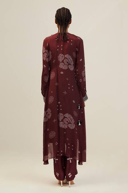 Shop Amka Maroon Chiffon Tassels Round Neck Gul Printed Kurta And Pant Set at Aza Fashions Shop_Amka_Maroon Chiffon Tassels Round Neck Gul Printed Kurta And Pant Set_at_Aza_Fashions