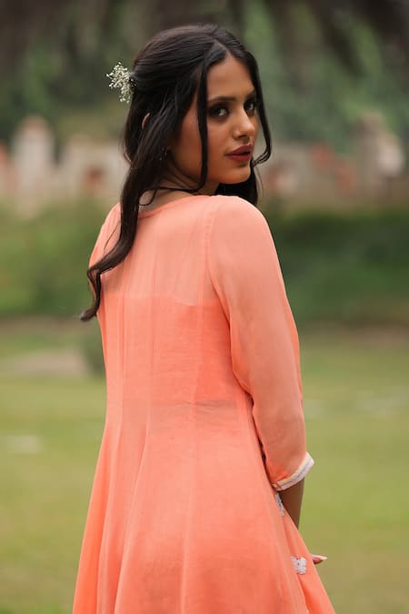 Shop_House Of Tushaom_Peach Georgette Embroidery Sequin Round Kurta And Sharara Set _at_Aza_Fashions