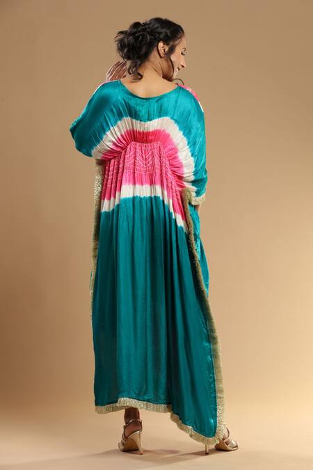 Shop_Etasha by Asha Jain_Green Gabardine Embroidery Round Neck Draped Bandhani Kaftan _at_Aza_Fashions