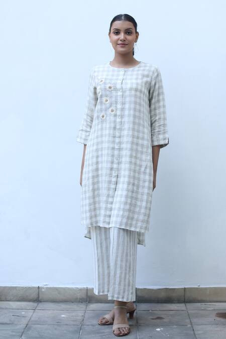 Shop_Linen Bloom_Beige 100% Linen Stripe Pattern Pant _at_Aza_Fashions