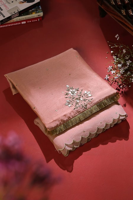 Shop_Weaver Story_Pink Chanderi Silk Sequins, Gota Patti Embroidered Dupatta _at_Aza_Fashions