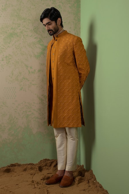 Shop Ankita Shahabadi Yellow Silk Thread Pratiksh Embroidered Achkan at Aza Fashions Shop_Ankita Shahabadi_Yellow Silk Thread Pratiksh Embroidered Achkan _at_Aza_Fashions